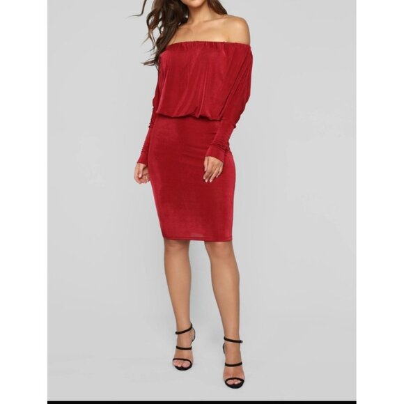 Fashion Nova Red Off-The-Shoulder Draped Dress X-Large Sexy Stretch Club party - Picture 1 of 9